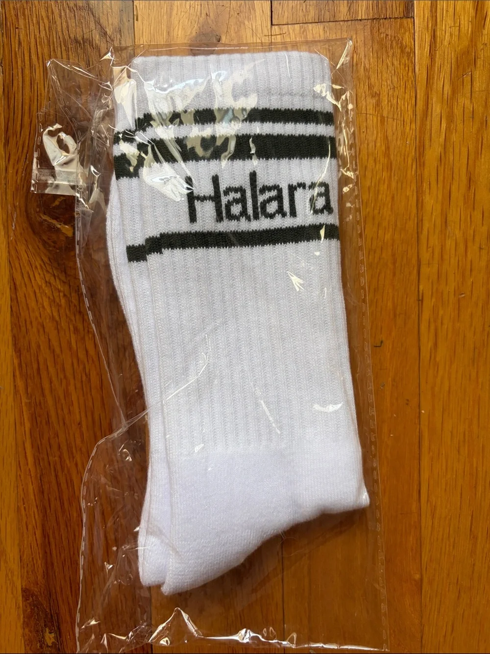 HALARA White Crew Socks with Green Stripe Logo new